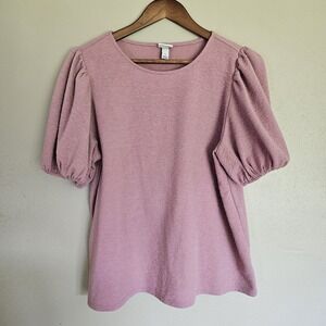 A New Day‎ Blouse Womens Large Short Puff Sleeve Textured Pink Knit Top